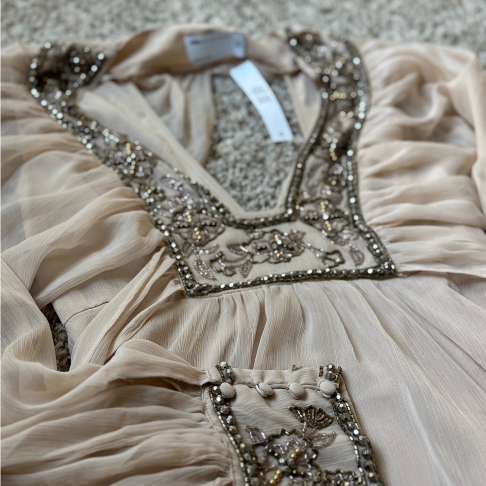 ASOS DESIGN-Elegant Embellished champagne blouson sleeve mini dress
